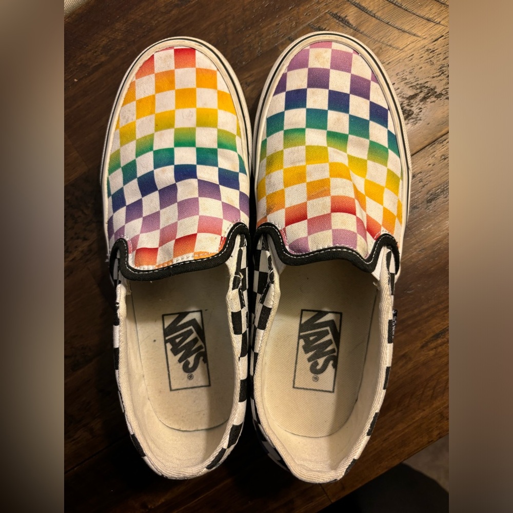 Vans Slip-On Sneakers in Rainbow Checkerboard & Black